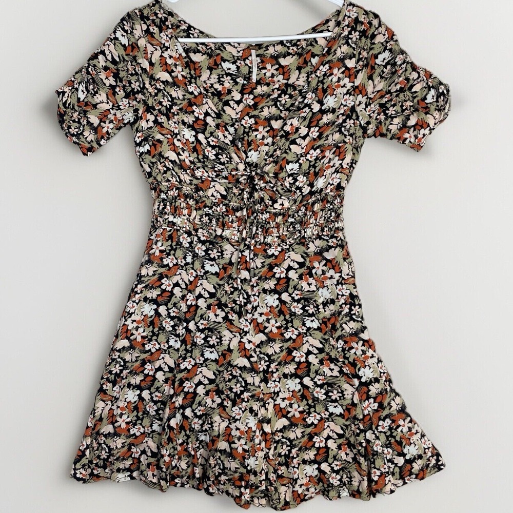 Free People Forget Me Not Dress Charcoal Combo Floral Mini Smocked Size 4 Boho